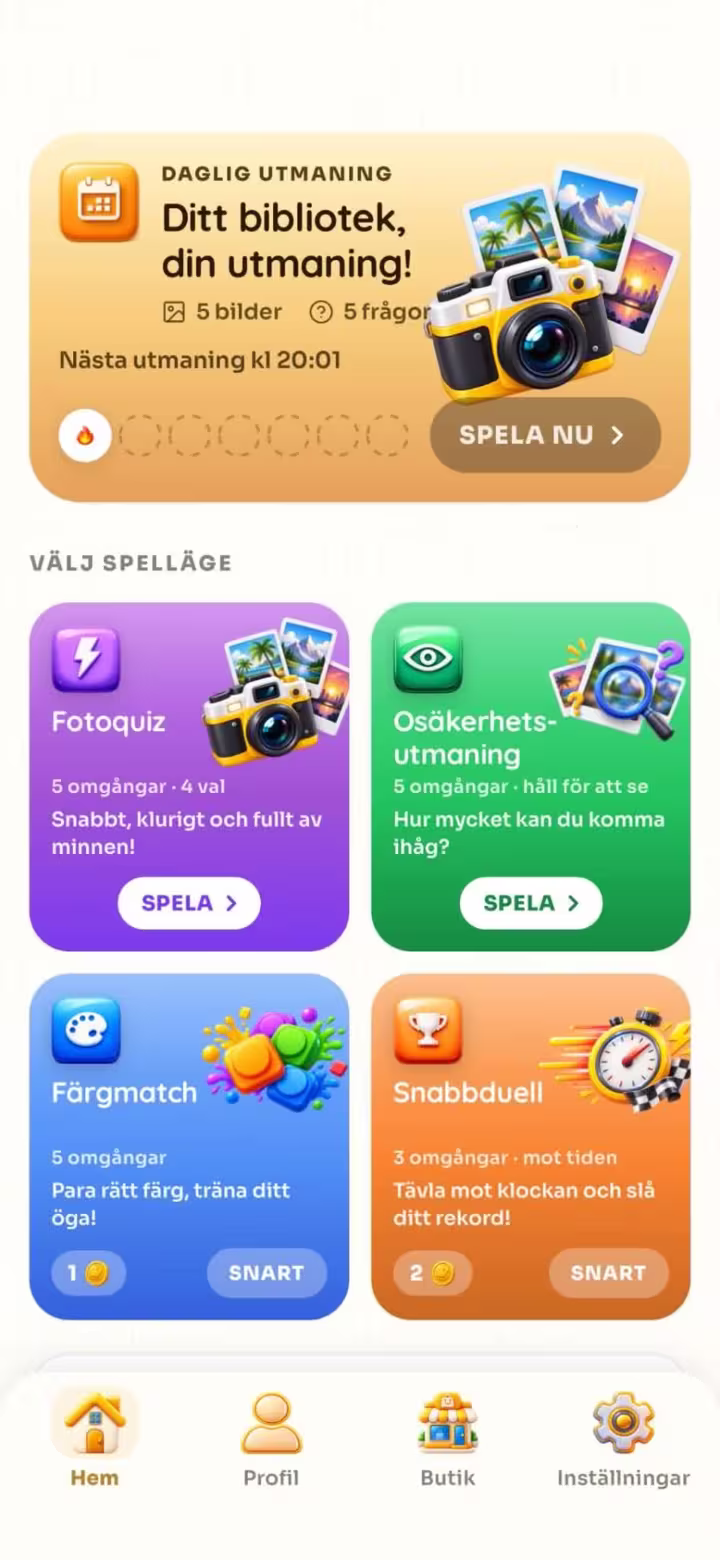 PicEra-appen med spellägen: Daglig Utmaning, Fotoquiz och Osäkerhetsutmaning